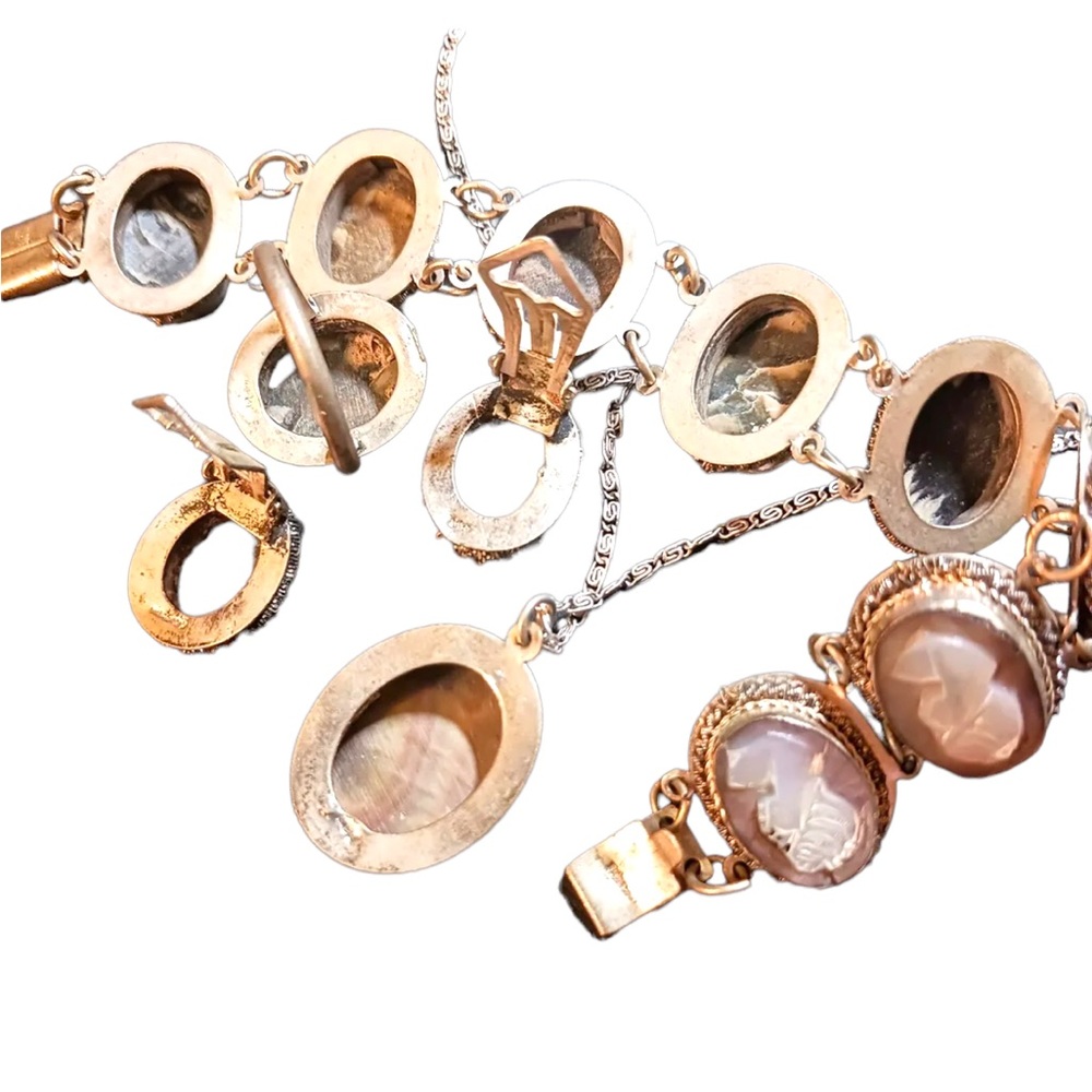 Victorian Antique Abalone Cameo SET 800 silver Bracelet ring necklace earrings - Picture 11 of 12